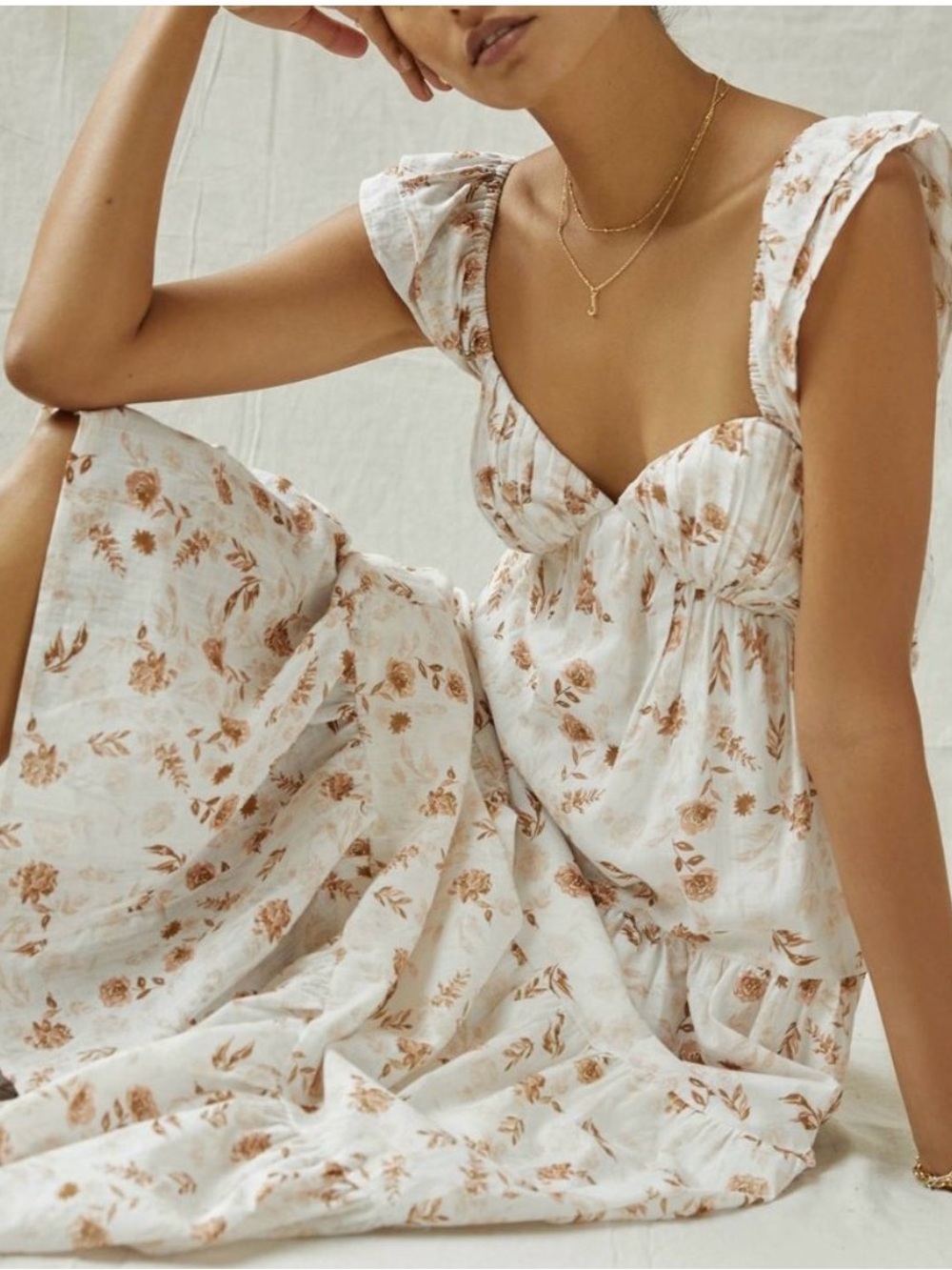 Anthropologie Rosie Cottage Core Cream Cotton Maxi Dress Floral Print Medium - Picture 6 of 17